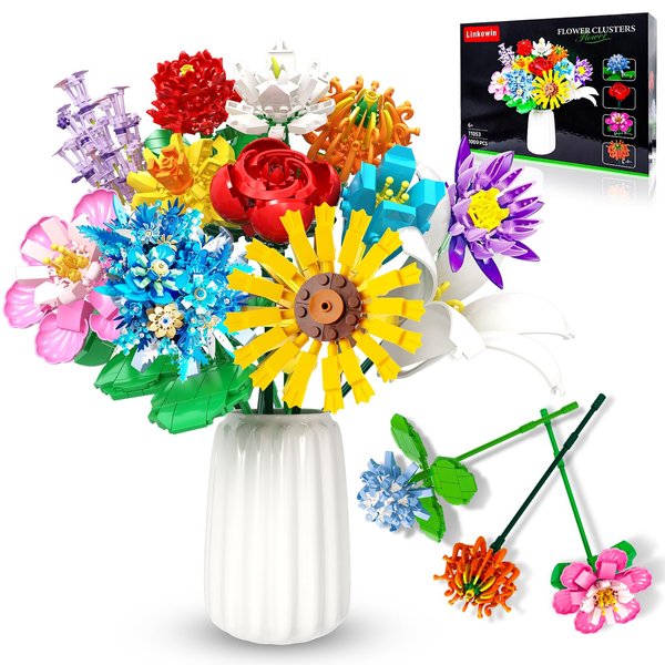 Linkowin Flower Bouquet Building Set,1009PCS Creative DIY Plant Bouquet Decoration,12 Artificial Flowers Botanical for Adults Women Girls Ages 6+,Idea Gifts for Mother's Day, Birthdays, No Vase