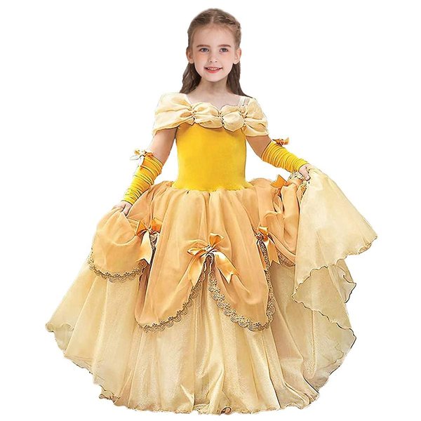 MYRISAM Girls Belle Princess Dress Beauty and the Beast Costume Halloween Carnival Cosplay Christmas Birthday Ball Gown w/Arm Sleeves 6-7T