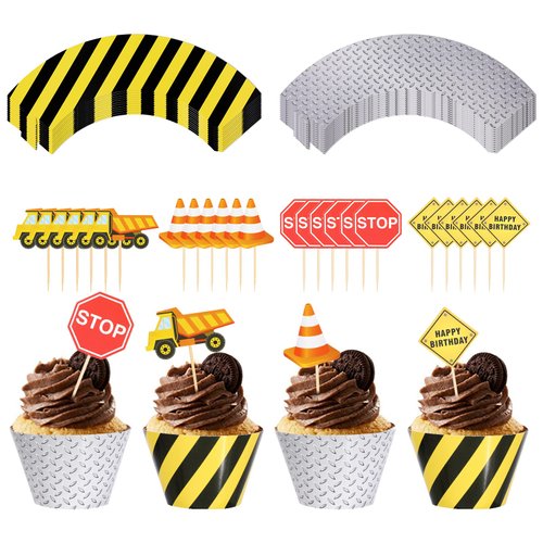 PHOGARY 24pack Construction Cupcake Toppers and Wrappers, 24-Piece Construction Zone Cupcake Baki...