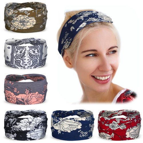 Qianyu 6 Pack Wide Headbands for Women Non Slip Boho Knotted Stretch Solid Color Flowers Hair Accessories Soft Cotton Sweatband Elastic Hair Wraps for Teen Girls Running Sport Yoga