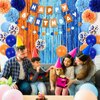 Boy Birthday Decorations, Blue Birthday Supplies, Light Blue Navy Brown Tan Orange Banner, Fringe Curtain, Boho Balloons, Pom Poms Backdrop