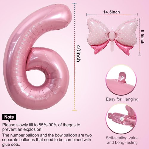 Pink 6 Balloon 40 Inch,Giant Number Balloon Mini Bow Balloon Set for Girl 6th Birthday Party Decorations,Six Years Old Birthday Pink Theme Party Decorations,Pink Foil Mylar Birthday Digital Balloon
