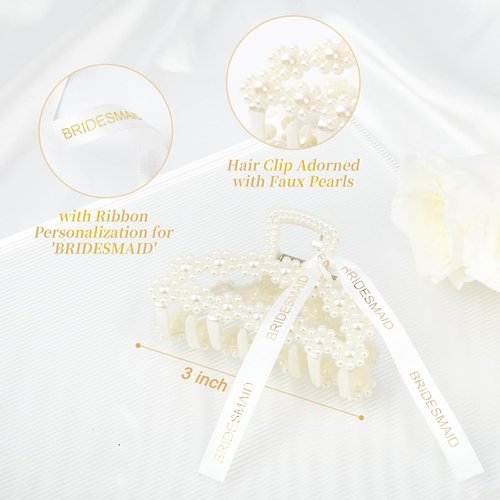 DEEKA Bridesmaid Proposal Gifts 8 Pack Pearl Bridesmaid Hair Claw Clips with Ribbon 3 Inch Hair Clips Bachelorette Party Favors Bridal Party Present Hair Accessories (Half Circle)