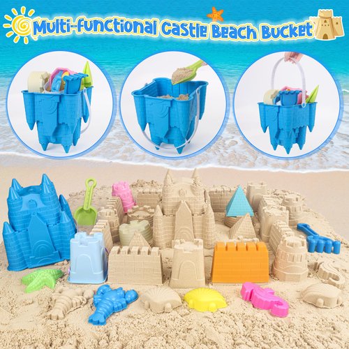 FUSPWEAO Beach Toys Sand Toys for Kids, Sand Castle Toys for Beach with Sand Castle Bucket, Sand Molds, Shovel and Rake, Sand Castle Kit, Sandbox Toys for Toddlers, Travel Beach Toys for Kids 3-10