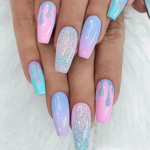 ZASKHLD Colorful Press on Nails Medium Length Fake Nails Pink Blue Gradient Glue on Nails Ballerina Glitter Coffin False Nails Glossy Multi-Color Artificial Nails for Women Girls DIY Manicure 24Pcs