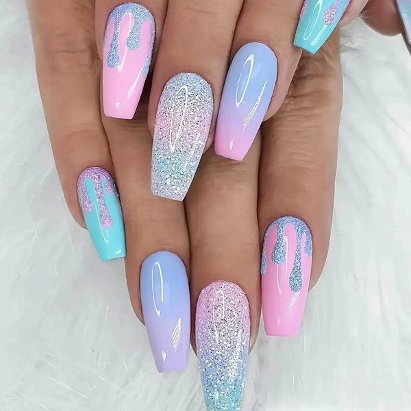 ZASKHLD Colorful Press on Nails Medium Length Fake Nails Pink Blue Gradient Glue on Nails Ballerina Glitter Coffin False Nails Glossy Multi-Color Artificial Nails for Women Girls DIY Manicure 24Pcs