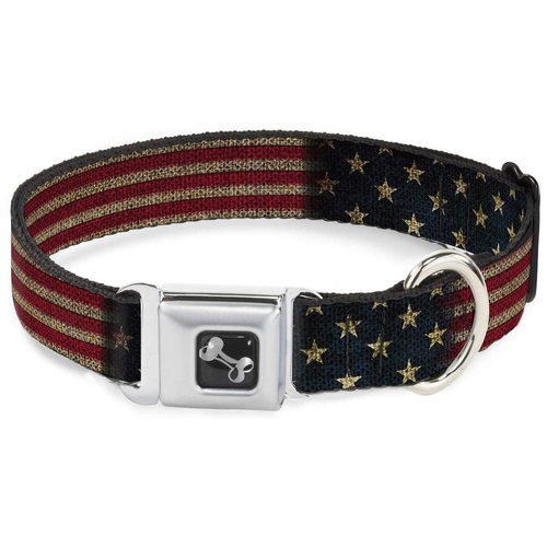 Buckle-Down Dog Collar Seatbelt Buckle Vintage US Flag Stretch 9 to 15 Inches 1.0 Inch Wide, Multicolor (DC-SB-DB-W32210-1.0-S)