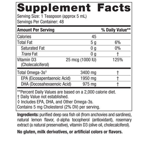 Nordic Naturals Ultimate Omega Xtra Liquid, Lemon Flavor - 8 oz - 3400 mg Omega-3 + 1000 IU Vitamin D3 - Omega-3 Fish Oil - EPA & DHA - Brain, Heart, Joint, & Immune Health - Non-GMO - 48 Servings