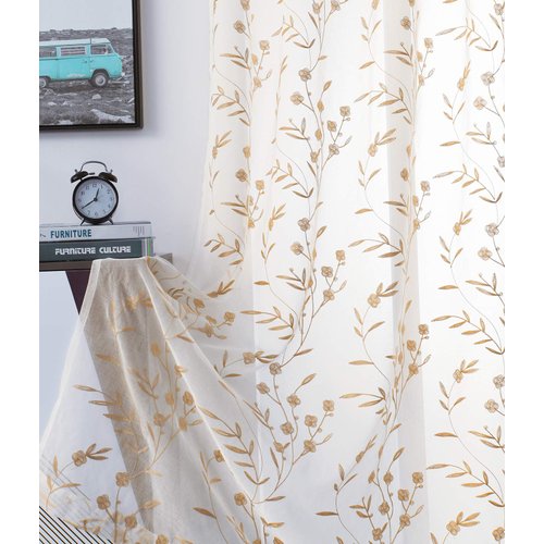 Sheer Curtains Floral Embroidery Beige 84 Inch Long Rod Pocket Lace Drapes for Living room, Bedroom, 2 Panels, 52"x84", Semi Voile Pattern Outdoor Window Treatment Sets for Yard, Patio, Villa, Parlor.