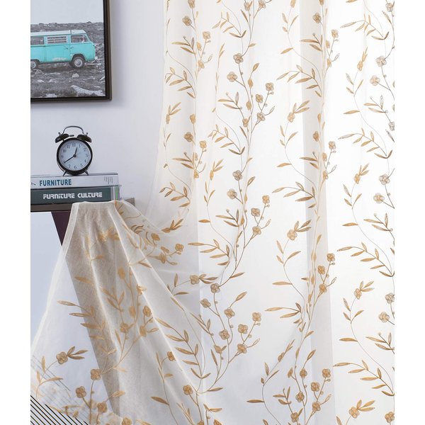 Sheer Curtains Floral Embroidery Beige 84 Inch Long Rod Pocket Lace Drapes for Living room, Bedroom, 2 Panels, 52"x84", Semi Voile Pattern Outdoor Window Treatment Sets for Yard, Patio, Villa, Parlor.