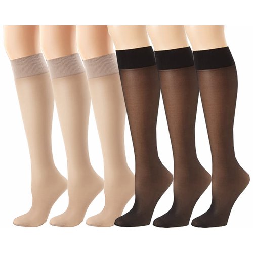 Lidogirl 6 Pairs Sheer Women Knee High Stockings With Reinforced Toe 20D Nylon Socks