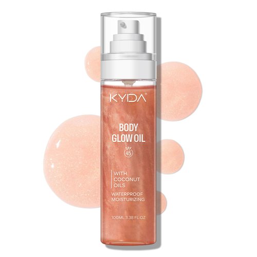 KYDA Body Glow Oil, SPF 45 Broad Spectrum, Sunscreen Body Oil with Rose Gold Mica, Moisturizing Coconut Body Oil, Lightweight Glow Body Moisturizer, Water Resistant, 3.38 fl oz, ROSE