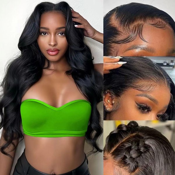 GVRR Body Wave 13x4 Full Frontal Wig Human Hair Full 13x4 HD Transparent Front Wigs Pre Plucked Bleached Knots Full 13x4 HD Lace Front Wigs 200% Density Tiny Knots Brazilian Hair Natural Black 26 Inch