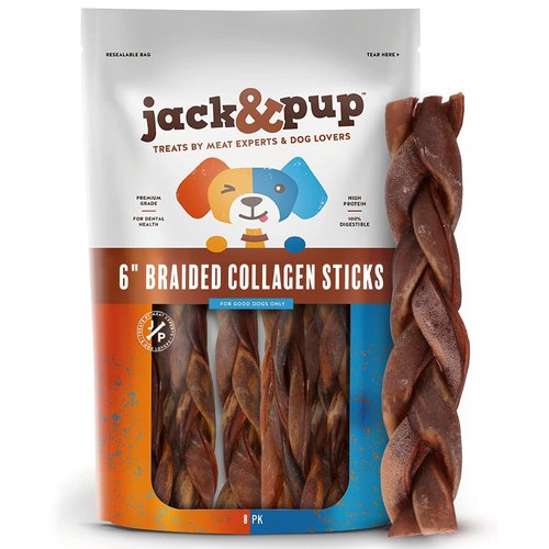 Jack&Pup 6" Braided Beef Collagen Sticks for Dogs - Rawhide Free Dog Chews Long Lasting Collagen Chews for Dogs - Bully Sticks Alternative (8 Pack)