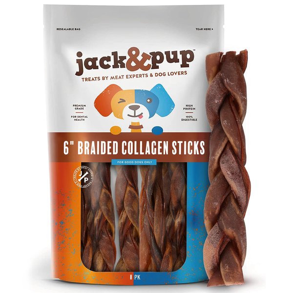 Jack&Pup 6" Braided Beef Collagen Sticks for Dogs - Rawhide Free Dog Chews Long Lasting Collagen Chews for Dogs - Bully Sticks Alternative (8 Pack)