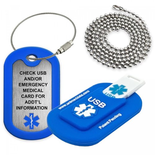 Blue Informer Lite Medical Alert Dog Tag. includes: 2GB USB, Pre-engraved Stainless-steel Dog Tag, 27" Chain and Key Ring Wire Rope. Complimentary Access PHR (Personal Health Record)