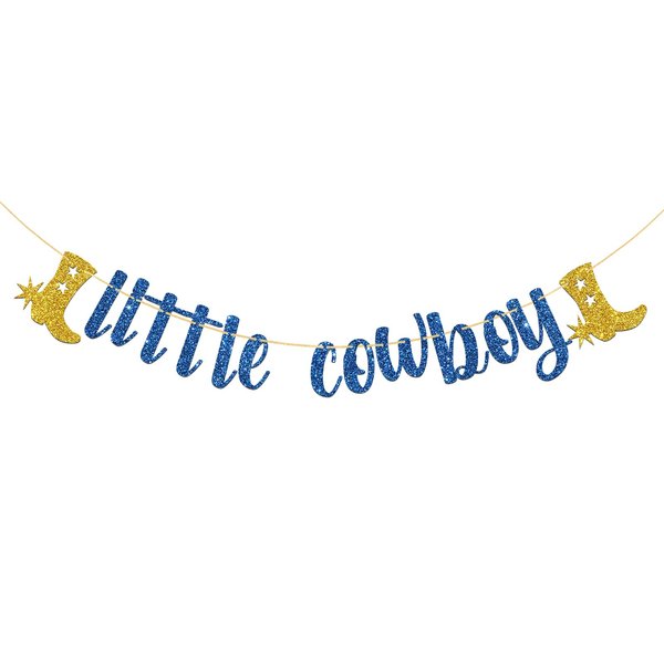 WeBenison Little Cowboy Banner, Cowboy Theme Party Supplies, Western Mexican Themed Baby Shower Birthday Party Decorations Blue Glitter