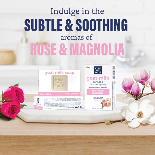 Kiss My Face Goat Milk Bar Soap, With Goat Milk and Probiotics, Nourishes and Soothes, Bar Soaps for Hands and Body, Cruelty Free and Palm Oil Free, Rose and Magnolia Scents, Pack of 3