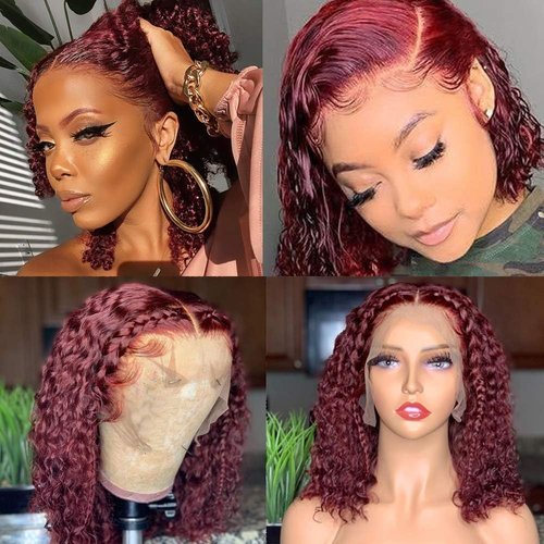 Jasperel 99j Burgundy Bob Lace Front Wigs Human Hair for Women 13x4 Hd Lace Frontal Short Curly Glueless Bob Wigs Pre Plucked Brazilian Remy Hair Wigs Wine Red Color 150 density 12 inch