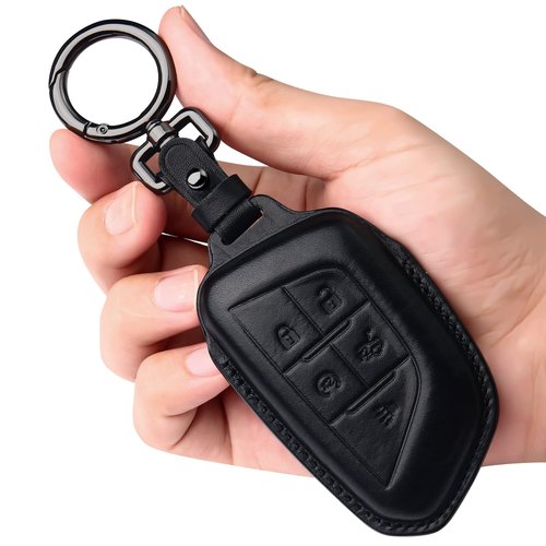 Tukellen for Cadillac Leather Key Fob Cover with Keychain Leather Key Case Key Shell 360 Degree Full Protection Compatible with 2020 2021 Cadillac ct5 CT4-V Corvette C8 5-Buttons-Black