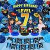 Video Game 7th Birthday Party Decorations Blue Black Happy Birthday Level 7 Banner Backdrop Honeycomb Centerpieces Hanging Swirls Tissue Paper Pompoms Kit for Boy 7 Years Old Game Controller Supplies