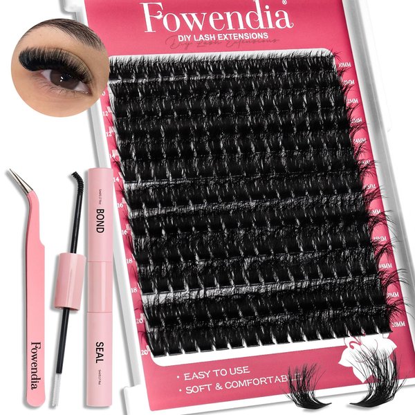 Fowendia Lash Extension Kit DIY Individual Lashes Cluster Extensions with Lash Bond and Seal, 100D Lash Clusters Kit