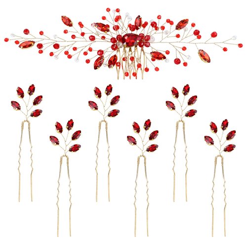 inSowni 7 Pieces Vintage Party Prom Wedding Bridal Red Bead Crystal Rhinestone Hair Side Combs+U-shaped Hair Pins Bridal Headpieces for Brides Bridesmaids Women Girls