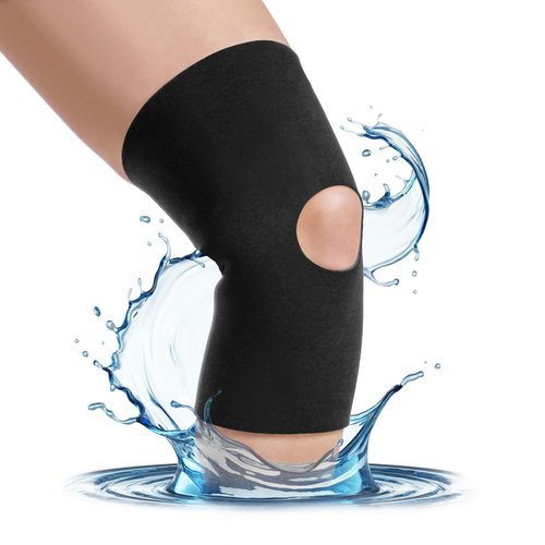 BraceAbility Open Patella/Open Back Neoprene Knee Sleeve | Water-Resistant Athletic Compression Knee Brace for Swimming, Wakeboarding, Scuba Diving, Surfing, Waterskiing and Other Sports (Medium)