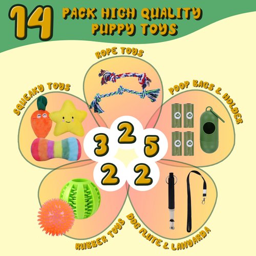Minrnovas 14 Pack Dog Toys,Puppy Chew Toys for Fun and Teething Cleaning with Sturdy Rope Toys, Interactive Treat Dog Ball and Cute Squeaky Toys,Cotton Squeaky Plush Toys for Medium to Small Dogs