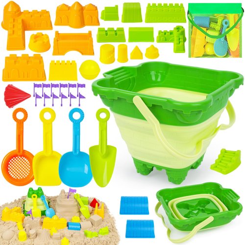 FUTUREPLUSX 37PCS Beach Toys for Kids, Collapsible Beach Bucket Castle Molds Sand Molds Shell Collecting Bags for Outdoor Summer Beach Party