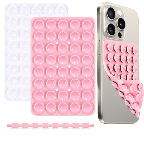 2 pcs Silicone Double Sided Suction Phone Case Detachable Mount,Silicon Phone Stand Sticky Grip for iPhone and Android, Hands-Free Phone Accessories for Selfies and Videos（Light Pink & Transparent）