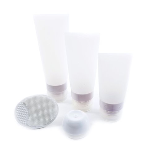 TSA Airline Carry-on Approved Soft Silicone Travel Bottles Tubes for Shampoo, Lotion, Cosmetics Set with Cream Jar and Facial Cleaning Brush - Toiletry EVA Bag AZ (White)