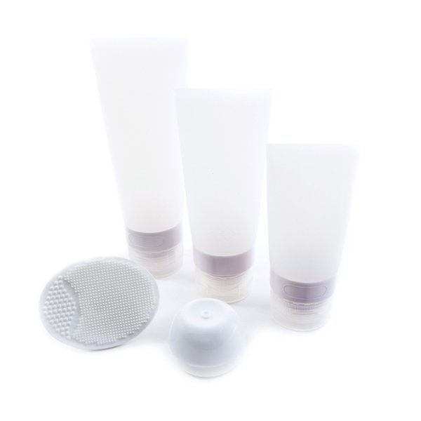 TSA Airline Carry-on Approved Soft Silicone Travel Bottles Tubes for Shampoo, Lotion, Cosmetics Set with Cream Jar and Facial Cleaning Brush - Toiletry EVA Bag AZ (White)
