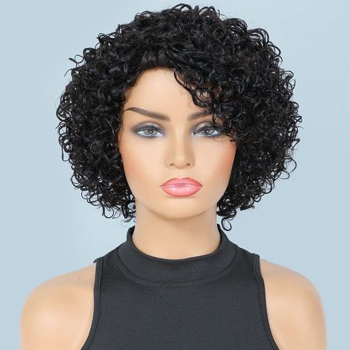 Short Curly Human Hair Wigs For Black Women UDU Short Curly Wigs Human Hair Non Lace Glueless Wig with Bangs Side Part Wigs (Nature Black)