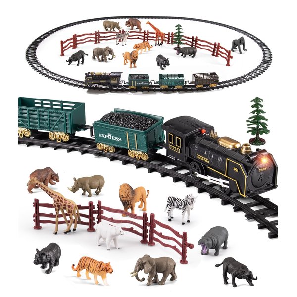 Safari Animals Figures Toy Train Set, Electric Locomotive with Light & Sound, Wildlife African Jungle Zoo Miniature Toys Cake Toppers Bulk Toddler Stocking Stuffers Gift for 3 4 5 Year Old Boys