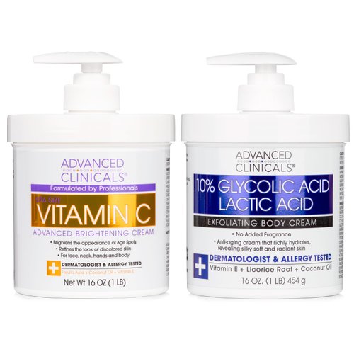 Advanced Clinicals Brightening Vitamin C Cream + 10% Glycolic Acid & Lactic Acid Exfoliating Body Lotion 2PC Skin Care Bundle | Brightening Body Moisturizer | KP Bump Eraser | Keratosis Pilaris, 2PC