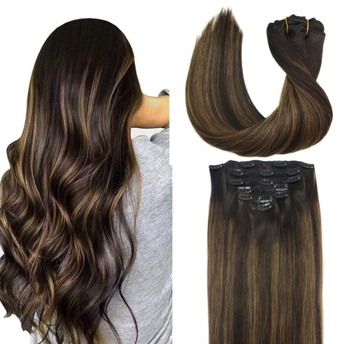 GOO GOO Clip in Hair Extensions Real Human Hair, 12inch 85g 7Pcs, 2/6/2 Balayage Dark Brown to Chestnut Brown, Remy Human Hair Extensions Clip ins for Women, Natural Human Hair