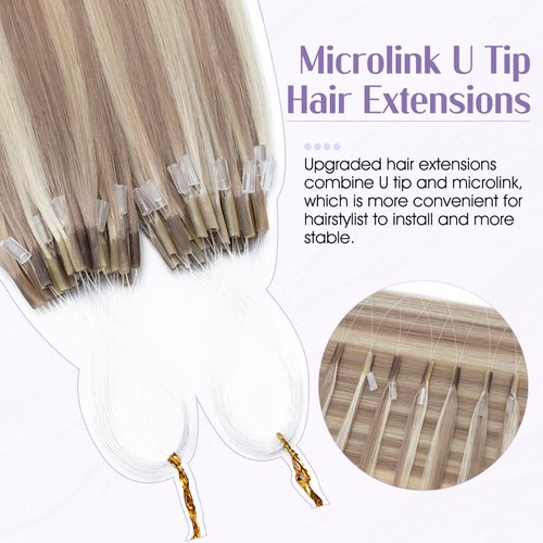 Microlink U Tip Hair Extensions Human Hair 16 Inch Micro Bead Utip Hair Extensions Real Human Hair Ash Blonde mix Bleach Blonde Hair Extension 1g per Strand 50 Strands