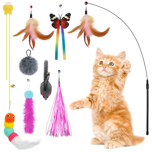 QUOZUO Interactive Cat Toys Cat Teaser Wand Set and Hanging Cat Door Toys with 8pcs Cat Feather Replacement Toys Mice, Cat Toys Kitten Toys for Indoor