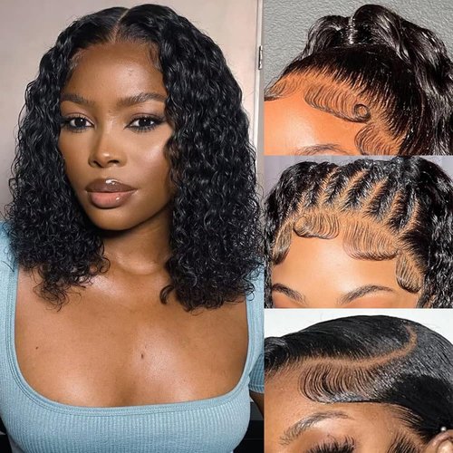 VELOMA Curly Bob Wig Human Hair 13x4 Lace Front Wigs Human Hair For Women 180% Density Pre Plucked With Baby Hair 13X4 Short Deep Curly Bob Wig Human Hair True To Length Natural Black Color 12inch
