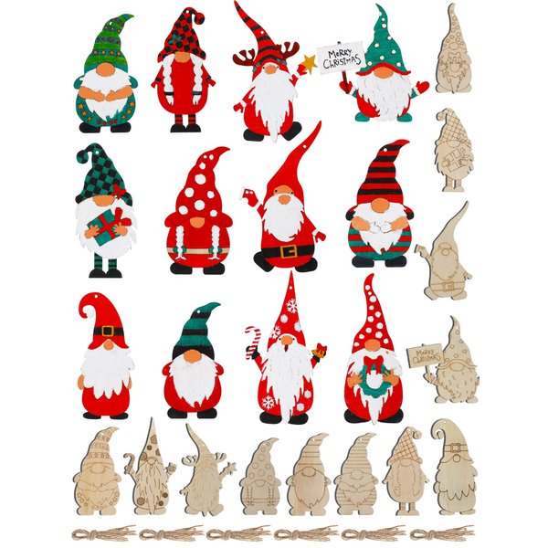 Macarrie 48 Pcs Christmas Wood Gnome Cutouts Blank Unfinished Wooden Gnome Hanging Ornaments Elf Paintable Christmas Ornaments with Rope for DIY Craft Painting Home Decor