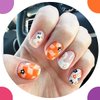 Cute Halloween Press on Nails Short Square Orange Fake Nails with Ghosts & Flower Design Orange Yellow Checkered False Nails Nude Acrylic Glue on Nails Stick on Nails for Women Girls 24pcs Nail Decor