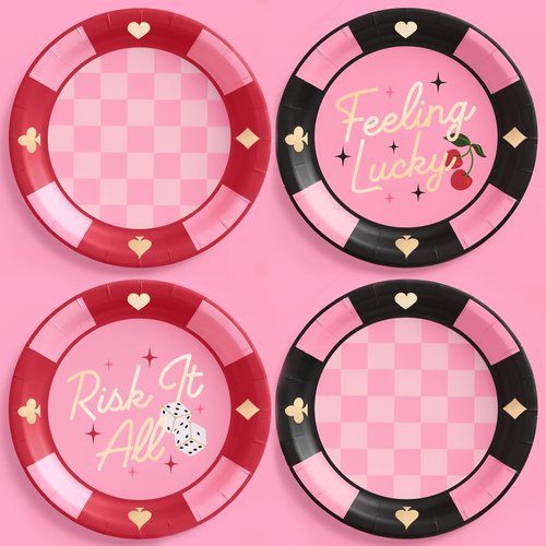 xo, Fetti Feeling Lucky Paper Plates - 24 pcs | Casino Bachelorette Decoration, Vegas Birthday Party Tablescape, Poker Night Bach Decor