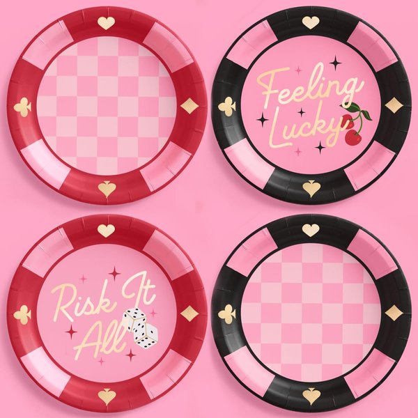 xo, Fetti Feeling Lucky Paper Plates - 24 pcs | Casino Bachelorette Decoration, Vegas Birthday Party Tablescape, Poker Night Bach Decor