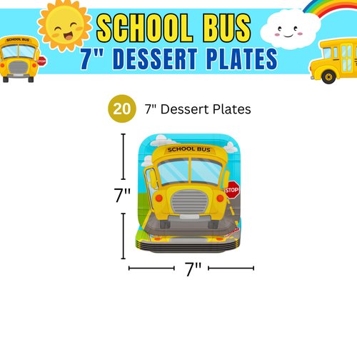 Blue Orchards School Bus Dessert Plates (Pack of 20) - School Bus Party Supplies, School Bus Birthday Plates, School Graduation Decorations, Transportation Party