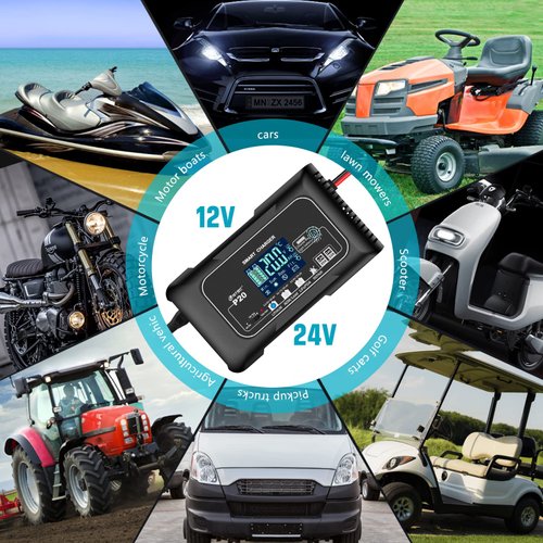 20-Amp Smart Battery Charger,Lithium,LiFePO4,Lead-Acid(AGM/Gel/SLA..) Car Battery Charger,Trickle Charger, Maintainer/deep Cycle Charger,12V/20A and 24V/10A,for Boat,Motorcycle,Lawn Mower,Golf cart..