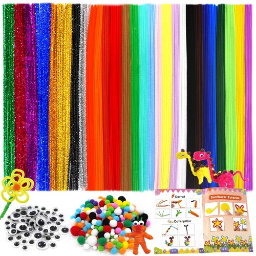 650PCS DIY Art and Craft Kit Supplies Materials 300 Multicolor Pipe Cleaners Bulk in 30 Colors 250 Craft pompoms 100 Wiggle Googly Eyes Soft Fuzzy holiday Colorful Chenille Stems For Kids Crafting