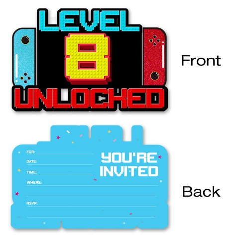 pertnate Video Game 8th Birthday Invitations Boy Glitter Video Game 8 Year Old Boys Birthday Party Shaped Invitations Invites with Envelopes, 20 Pack