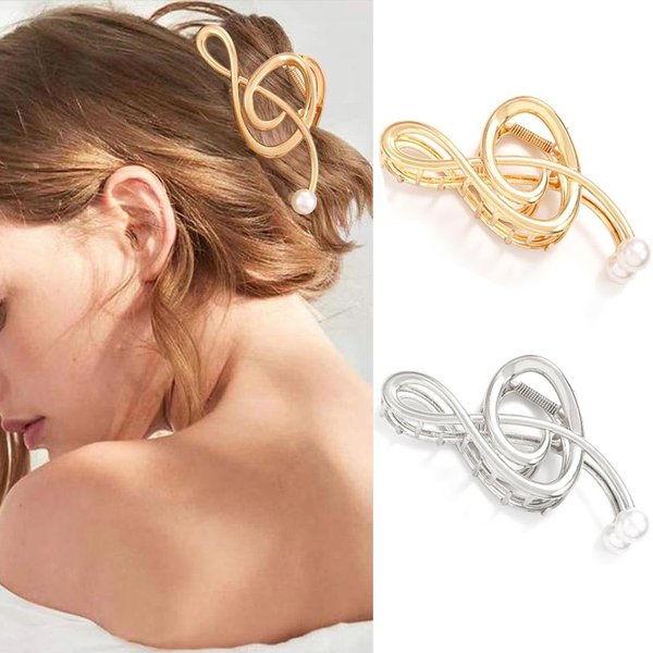 Fashey Pearl Hair Claw Clips Gold Note Hair Claws Nonslip Metal Hair Clips Strong Hold Hair Clamps Hair Accessories for Women and Girls(Pack of 2)