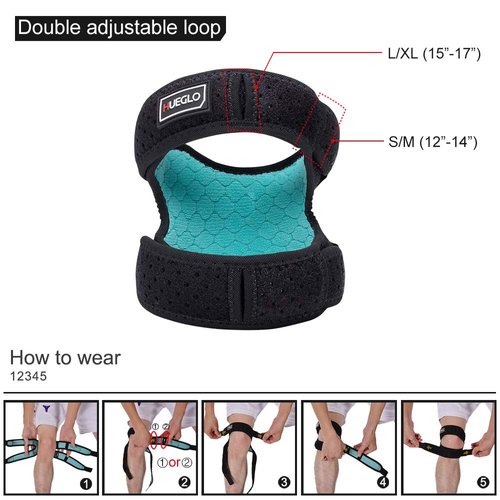 HUEGLO Dual Patella Knee Strap for Knee Pain Relief,Adjustable Neoprene Knee Brace Support for Running, Arthritis, Jumper, Tennis,Injury Recovery,Protection,Black(1 Piece),12'' - 17''